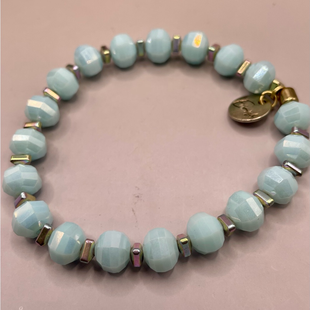 Ermish Elegant Blue Beaded Stretch Bracelet With Silver Accents. 7 Inches Long